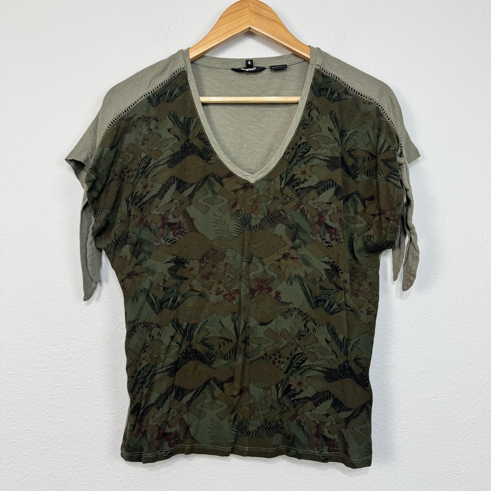 Desigual Shirt Women's Small Green Animal Jungle Print V Neck Dolman Sleeve